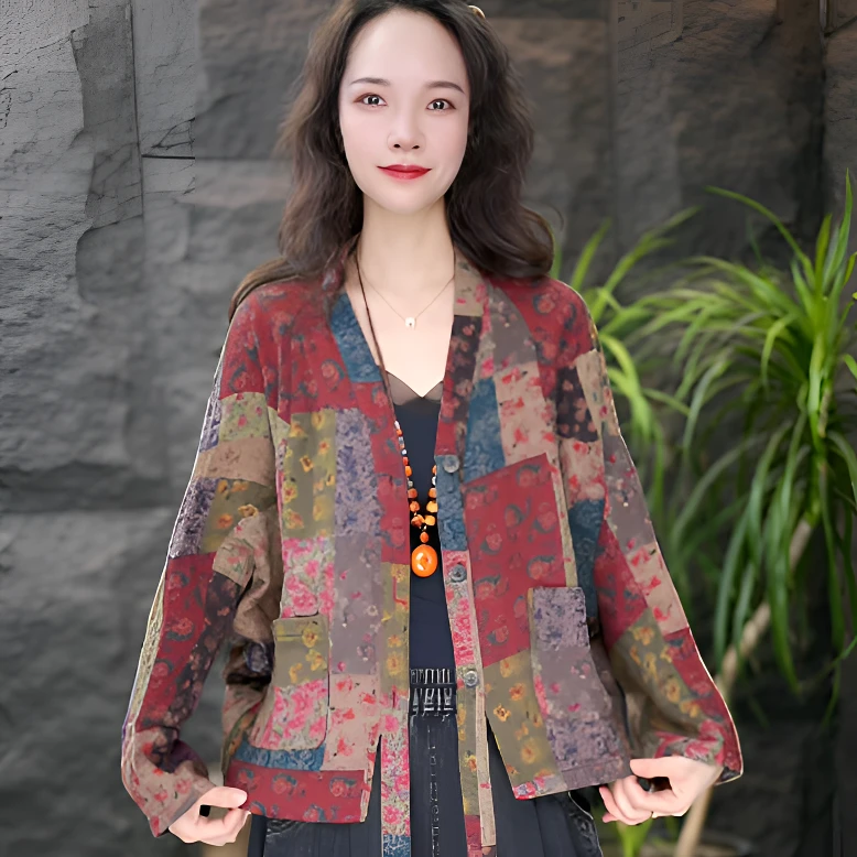 JJ长袖西服型花色秋季堆堆袖镂空短外套复古气质英伦风森系印花