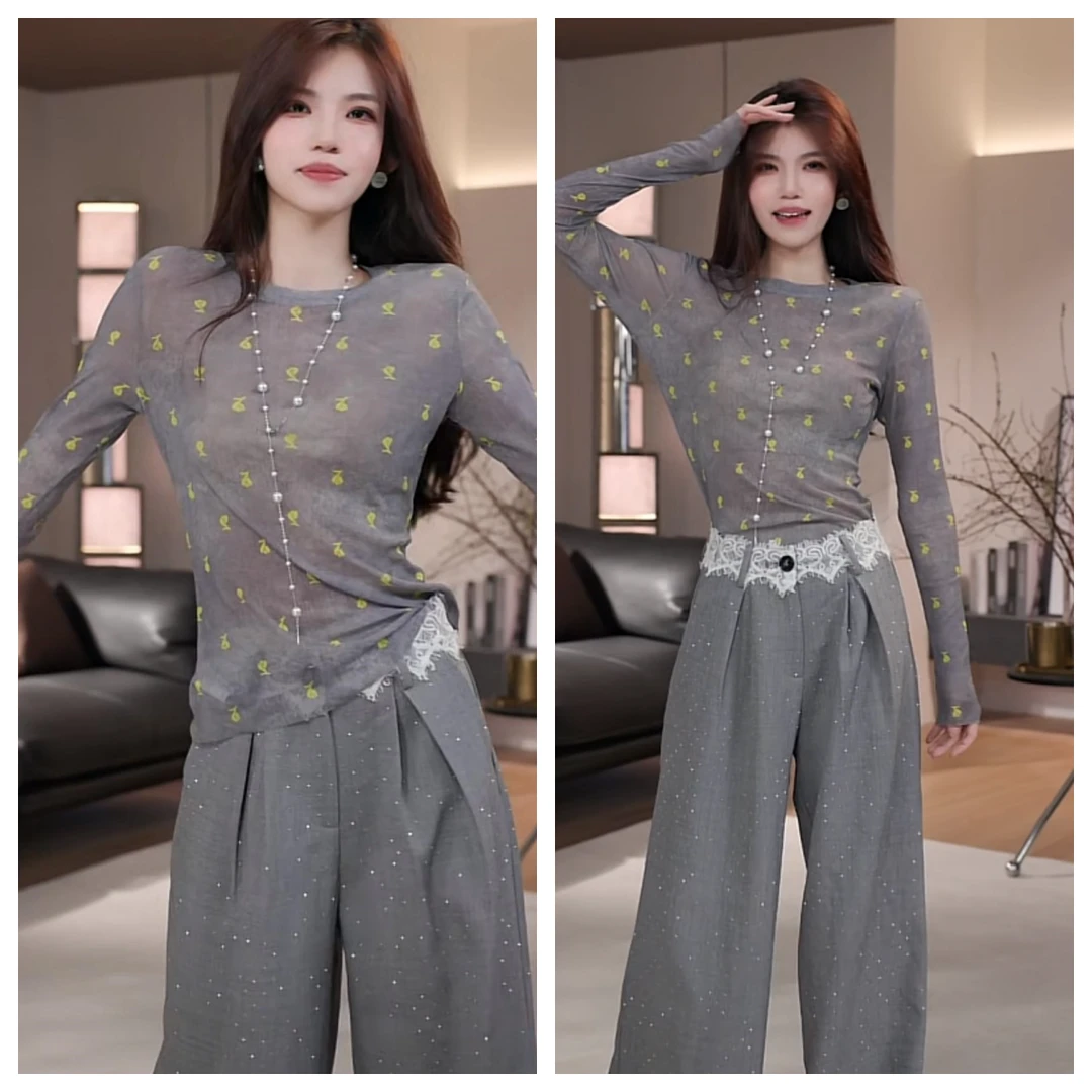 洋气绿色印花微透网纱长袖防晒衣女t恤设计感夏季休闲宽松上衣薄