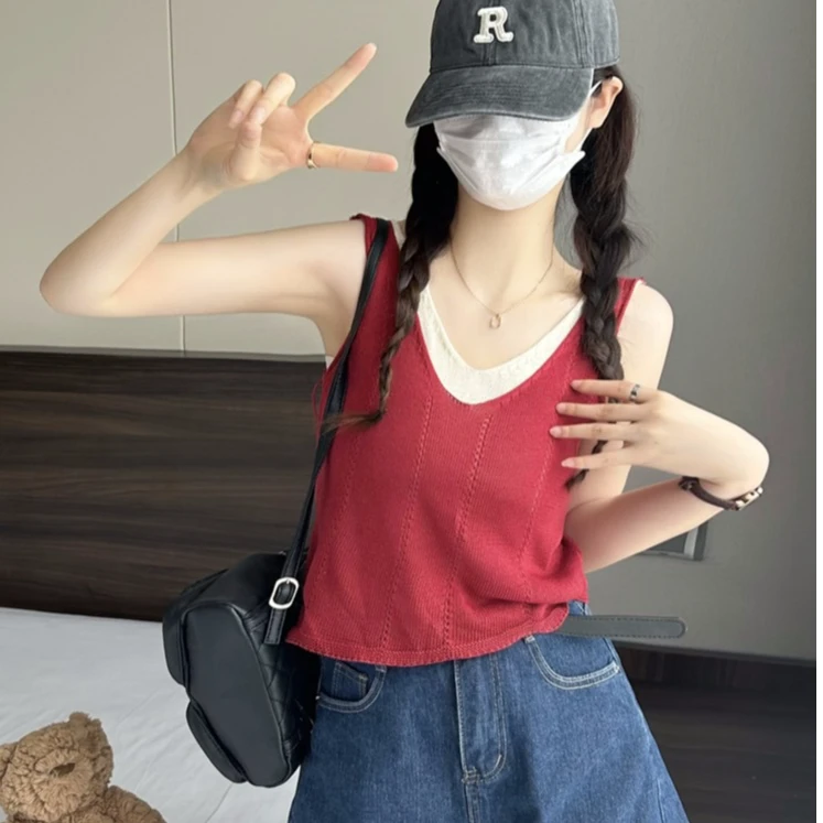 【工厂直销】女假两件背心韩版小个子无袖上衣修身撞色设计感吊带