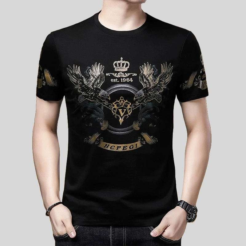 短袖t恤男士薄款2025夏季新款印花帅气老鹰时尚潮流休闲圆领上衣