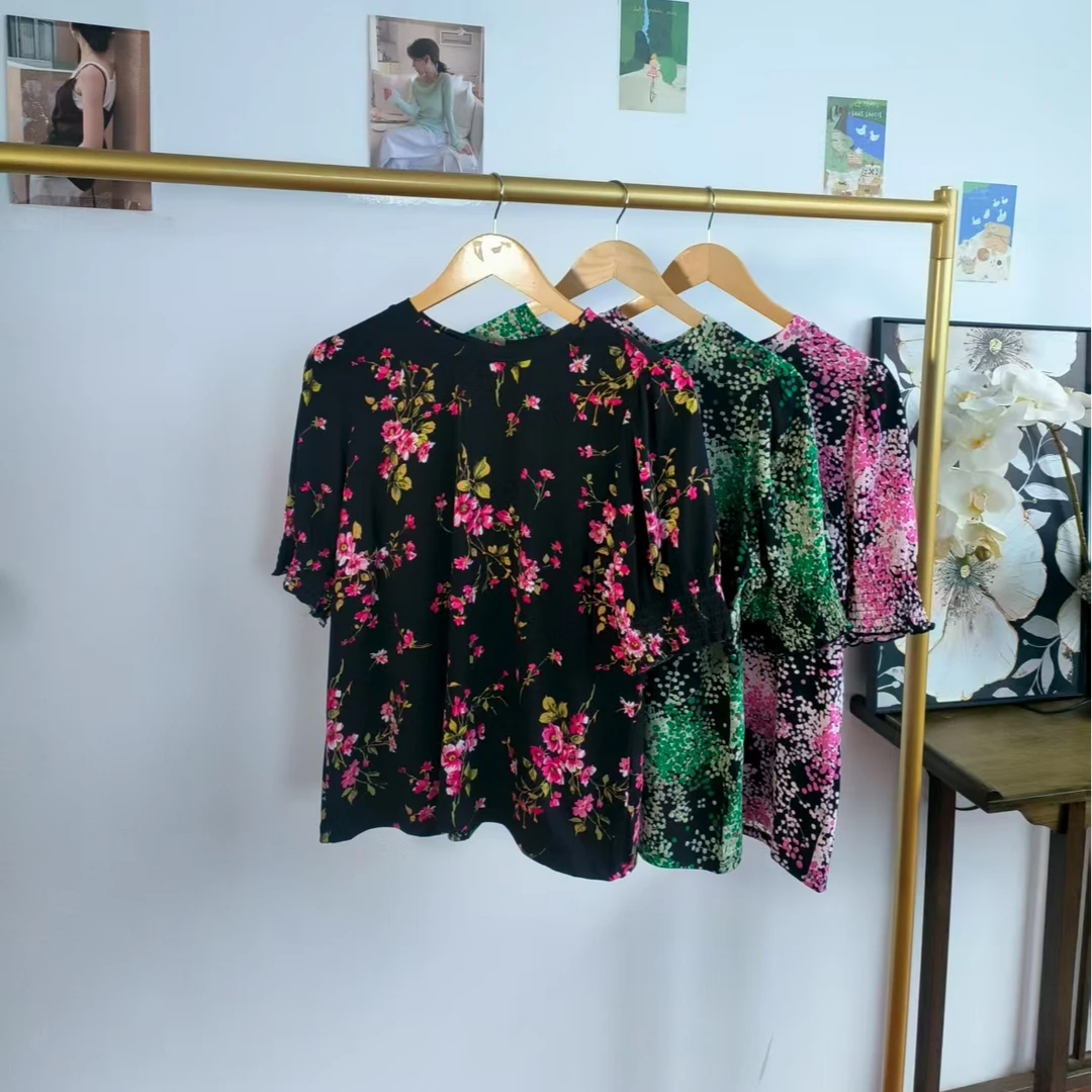 外贸大码气质妈妈装复古花色长款宽松落肩袖T恤印花百搭0907
