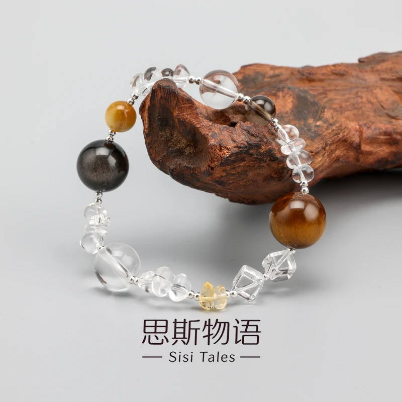 思斯原创【万事欢】黄虎眼天然白水晶手串黄水晶S925银饰手链