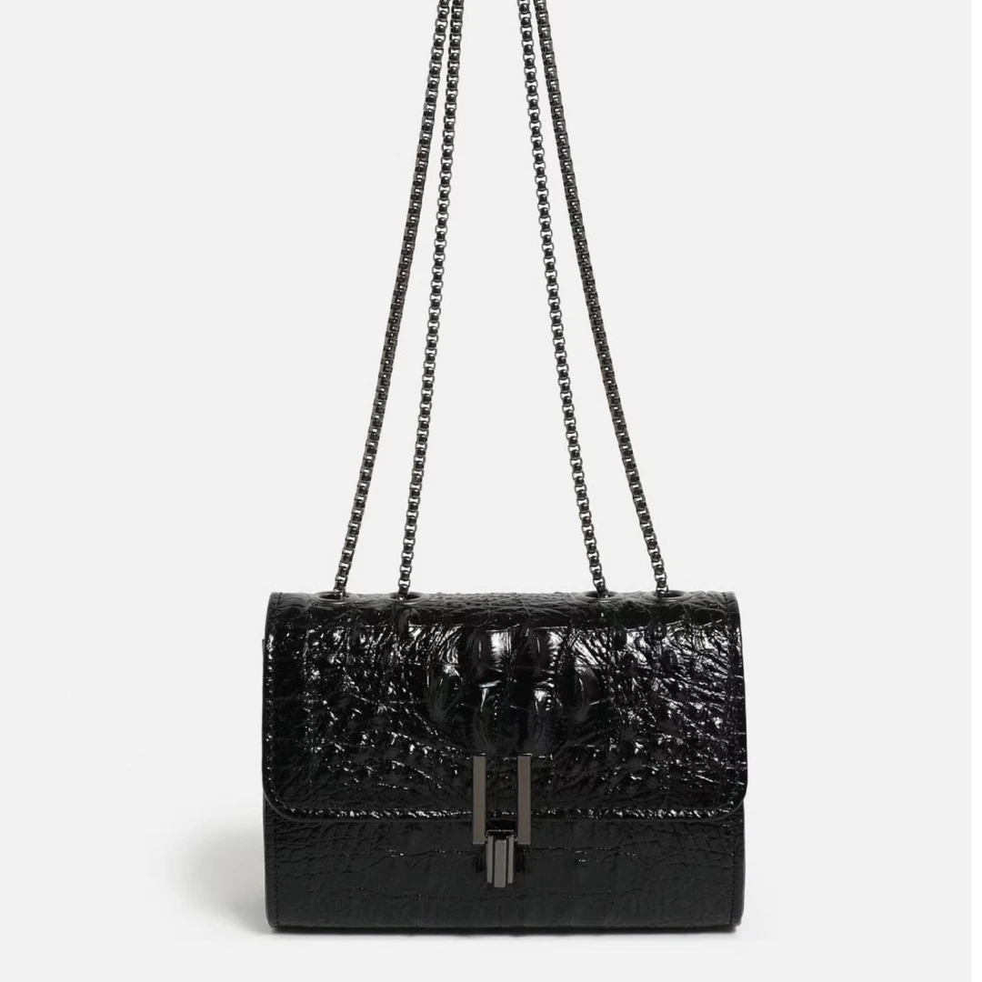 黑色单根纹单肩小众压纹斜挎包夹层拉链袋1136