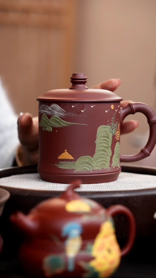 【闪购商品】紫砂茶壶紫泥竹节盖杯泥绘山水
