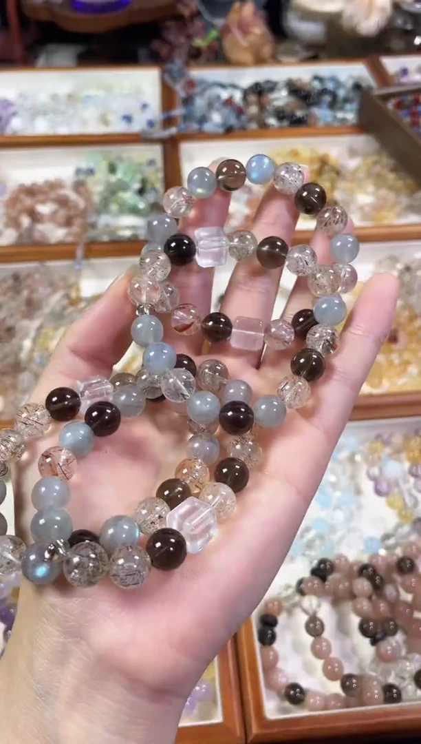 未镶嵌手串水晶星辰】天然灰月光黑金超七茶水晶手串