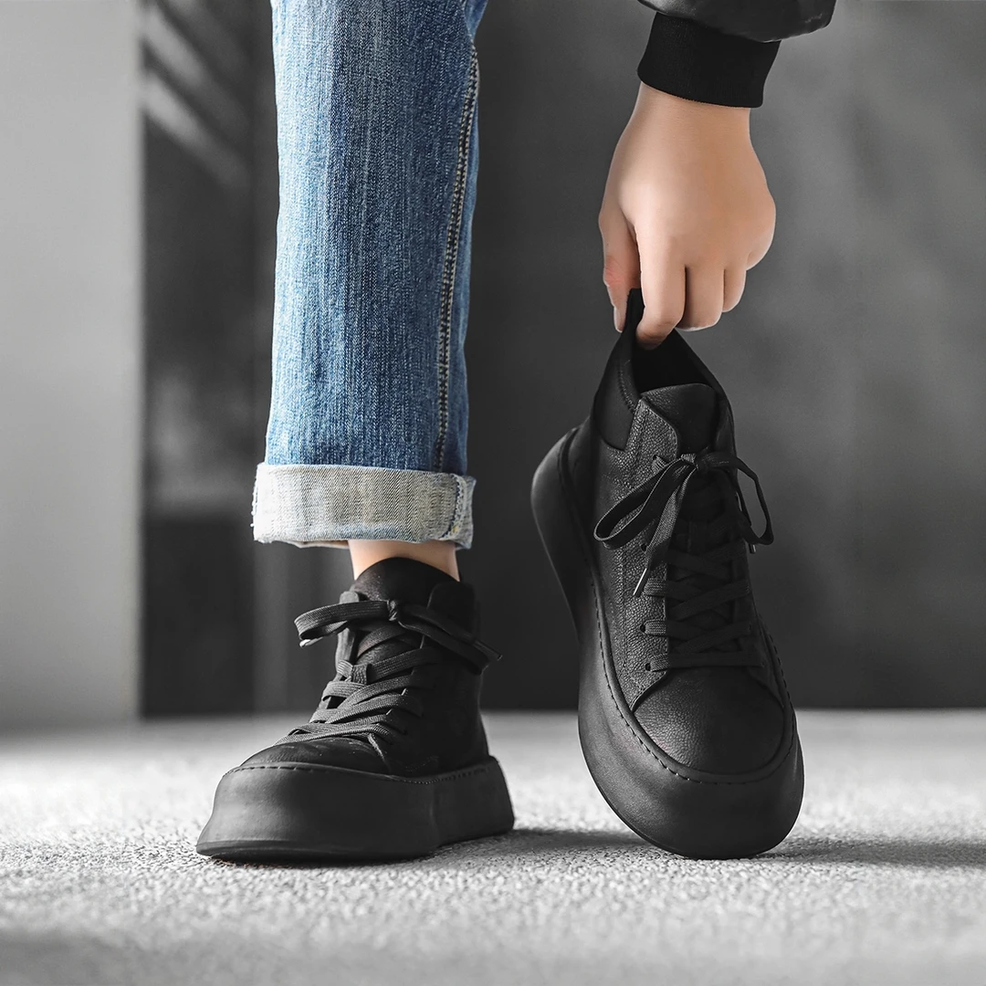 卡汐沐『精选』力荐！男鞋新款高帮休闲皮鞋黑色厚底系带百搭马丁靴