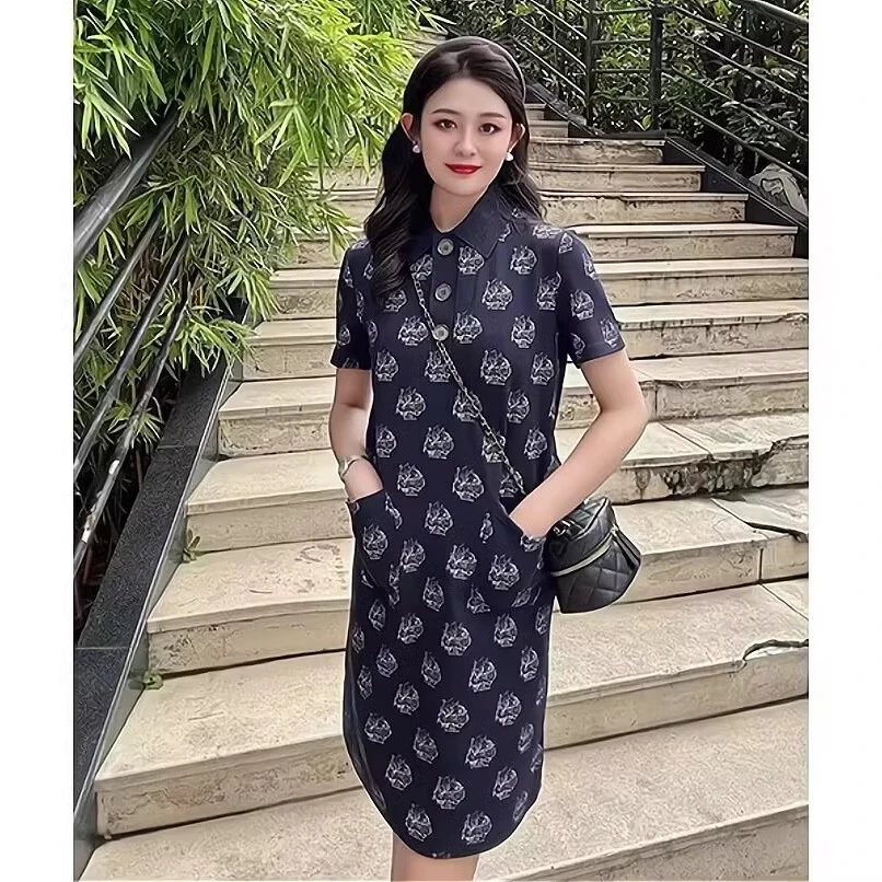 【商场同款】2025新款宽松显瘦直筒印花POLO领短袖连衣裙女1500297