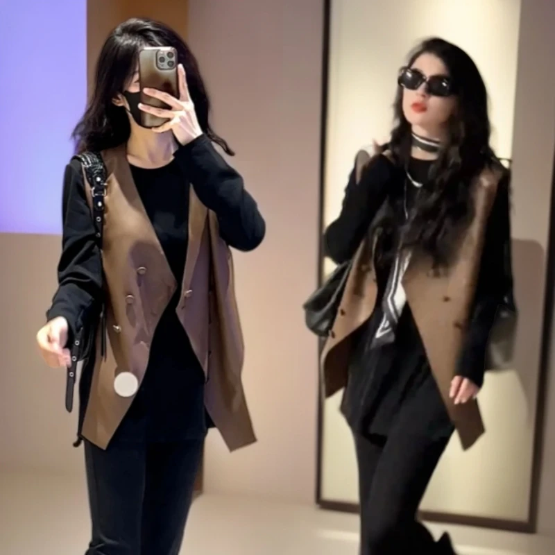 高级感时尚设计款皮马甲洋气外穿女休闲个性不规则PU皮马夹坎肩