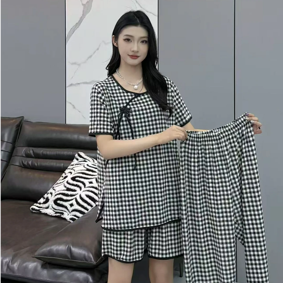 春夏季睡衣三件套女短袖短裤长裤大码显瘦格子宽松家居服套装1068