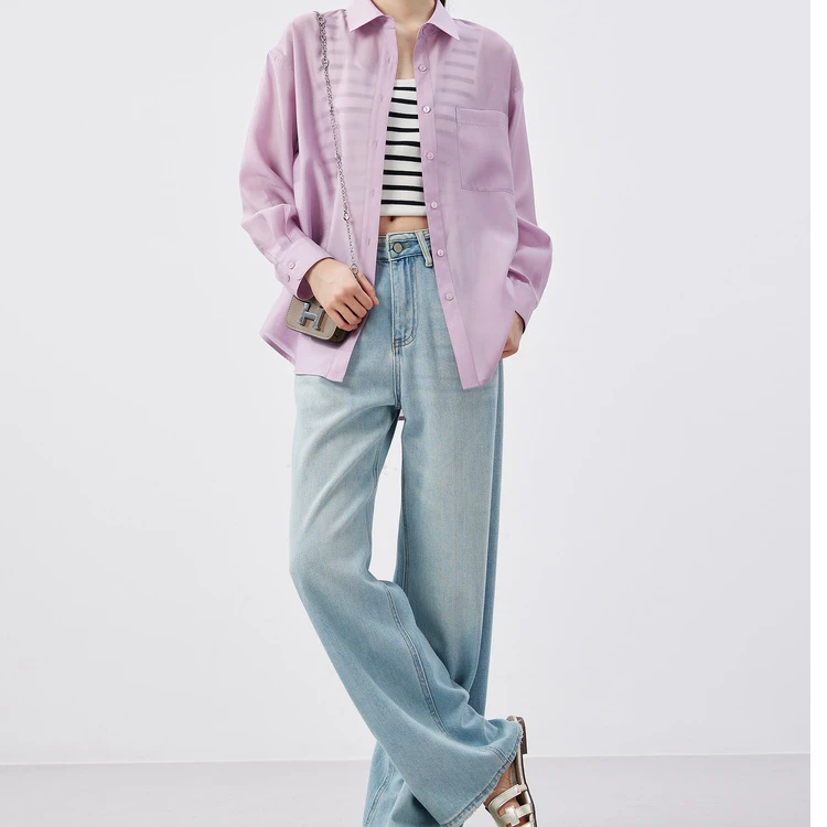 轻盈轮廓 衬衫 莱赛尔宽松长款经典翻领定制纽扣防晒衬衫夏8992B1