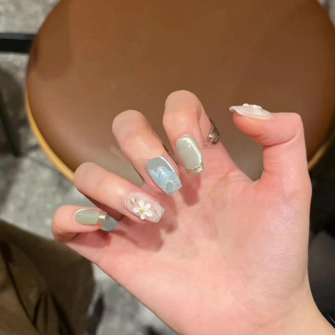 梦幻水蓝手工穿戴甲-掉钻包补-送工具包