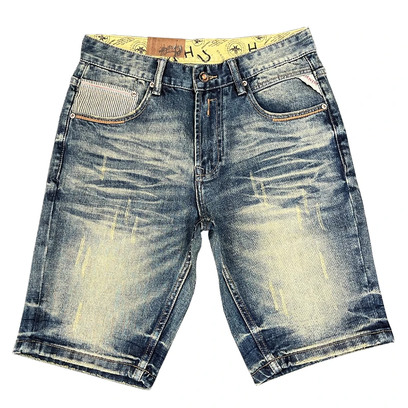 罗尔基那斯高端时尚夏季男士复古牛仔短裤休闲修身五分裤中裤潮