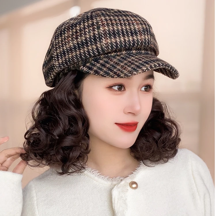 帽子假发一体女时尚秋冬季千鸟格八角帽短卷发百搭鸭舌帽全头套