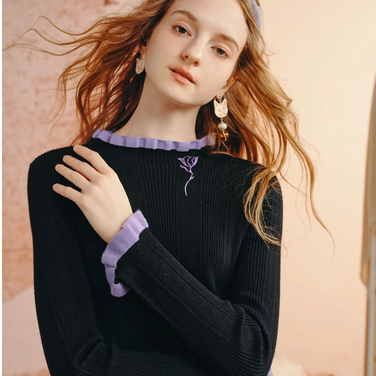 两三事 朝雾魅影圆领套头款毛针织衫喇叭袖拼接撞色百搭 青衫2.0