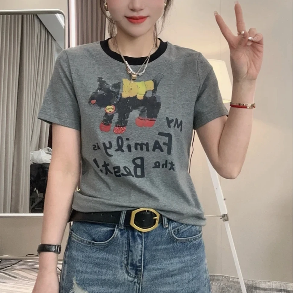 欧货设计感拼色短袖T恤女2025春夏新款时尚卡通减龄上衣打底小衫