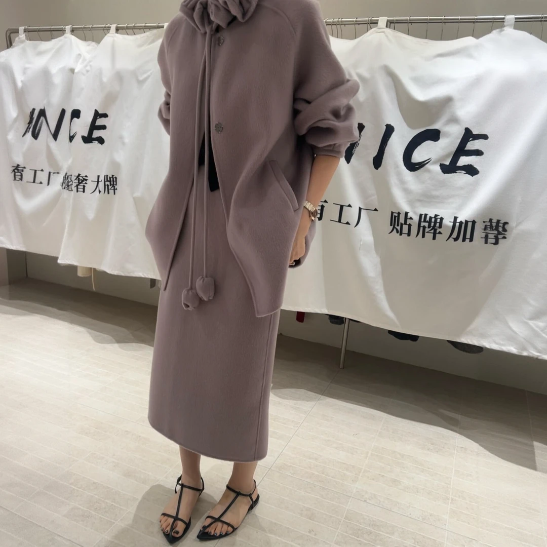韩系温柔甜美郁金香系带毛呢款式2025秋季长袖款外套半身裙两件套