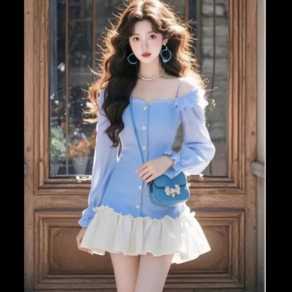 富家千金高级感蓝色连衣裙女2025春季新款收腰显瘦漂亮绝美短裙子