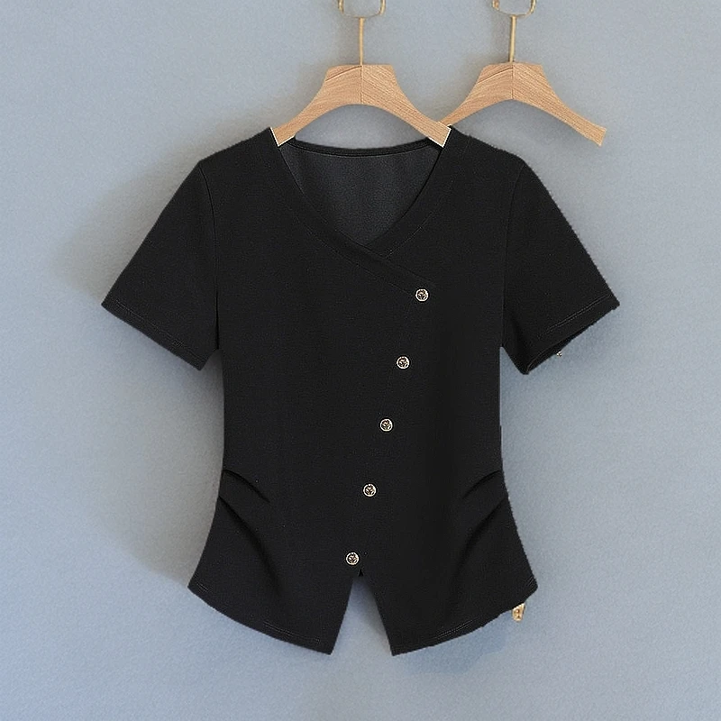 小香风白色掐腰上衣2025夏季新款设计感小众品质v领短袖T恤女