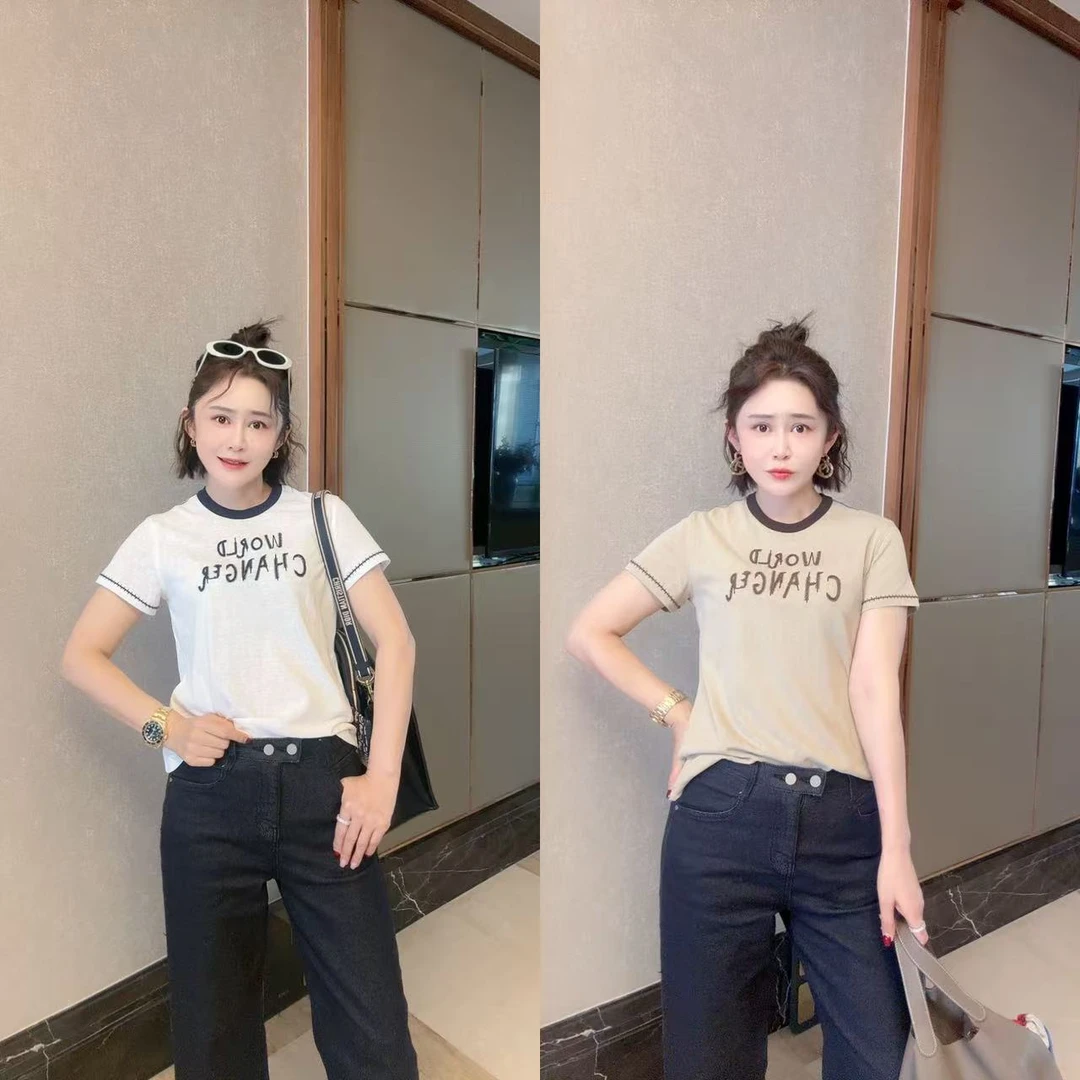 【刺绣字母T恤】撞色领刺绣字母半袖8625352（衣长约58cm）