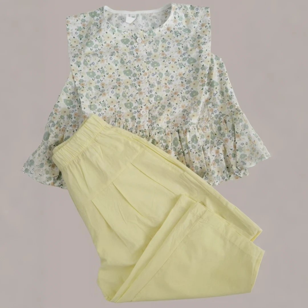 极简风清新夏季阔腿女碎花套装绿色上衣休闲洋气时尚韩版夏款