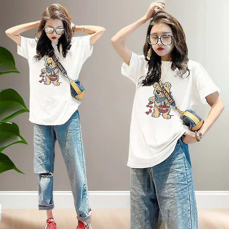 卡通趣味小熊印花短袖打底衫女秋冬新款圆领修身短款纯棉T恤上衣