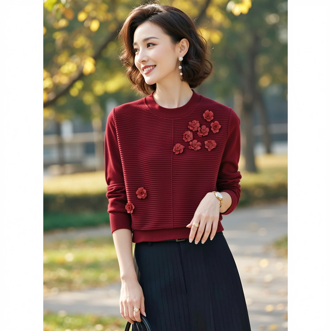 YLY#立体花朵内搭毛衣女秋冬新款短款洋气减龄漂亮打底衫DY15300