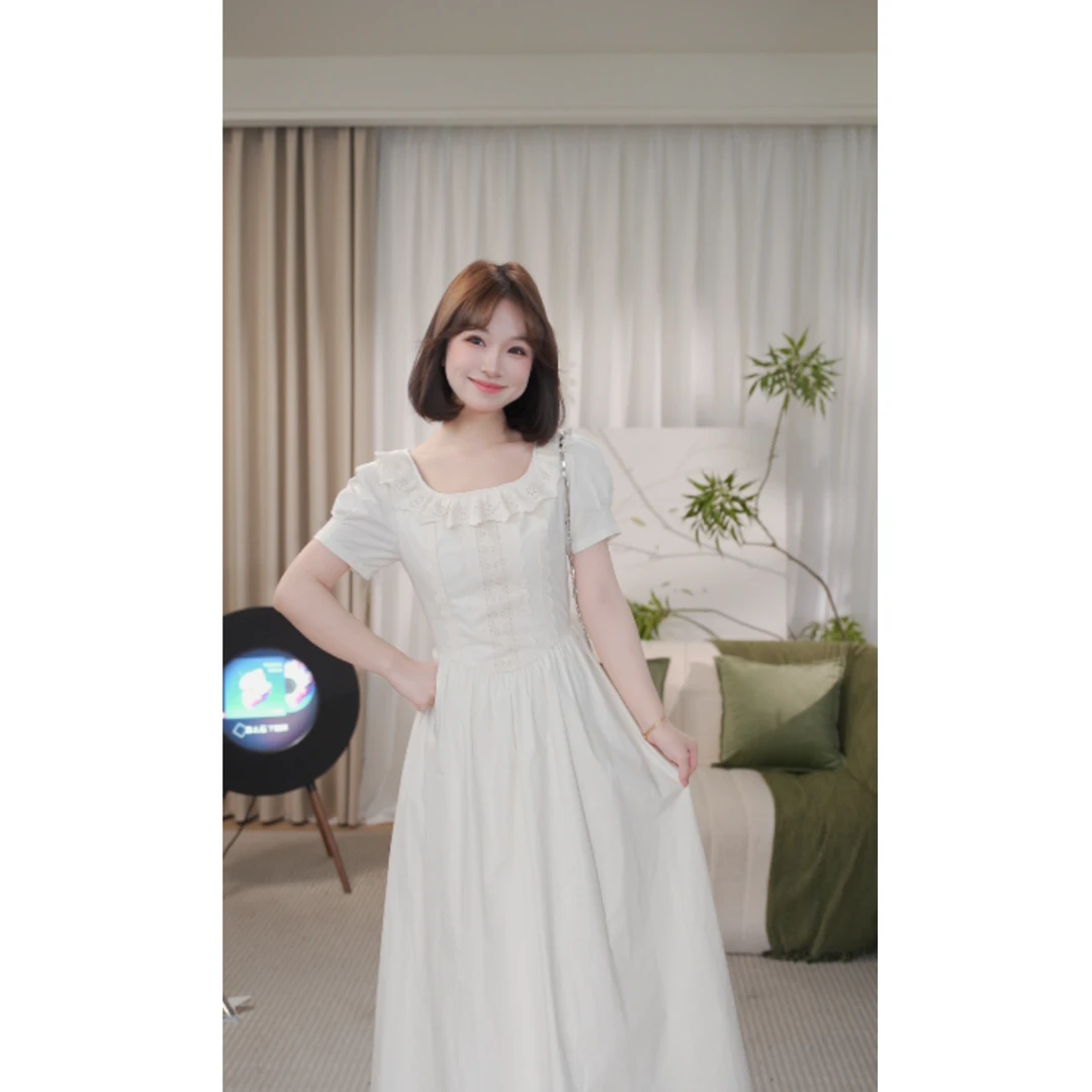 瞌睡兔定制【夏川雪奈】夏季法式宫廷感收腰显瘦拼接蕾丝短袖连衣裙