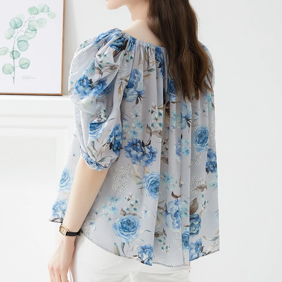 【100%印花桑蚕丝】春夏一字领宽松版出游印花女式T恤 7003