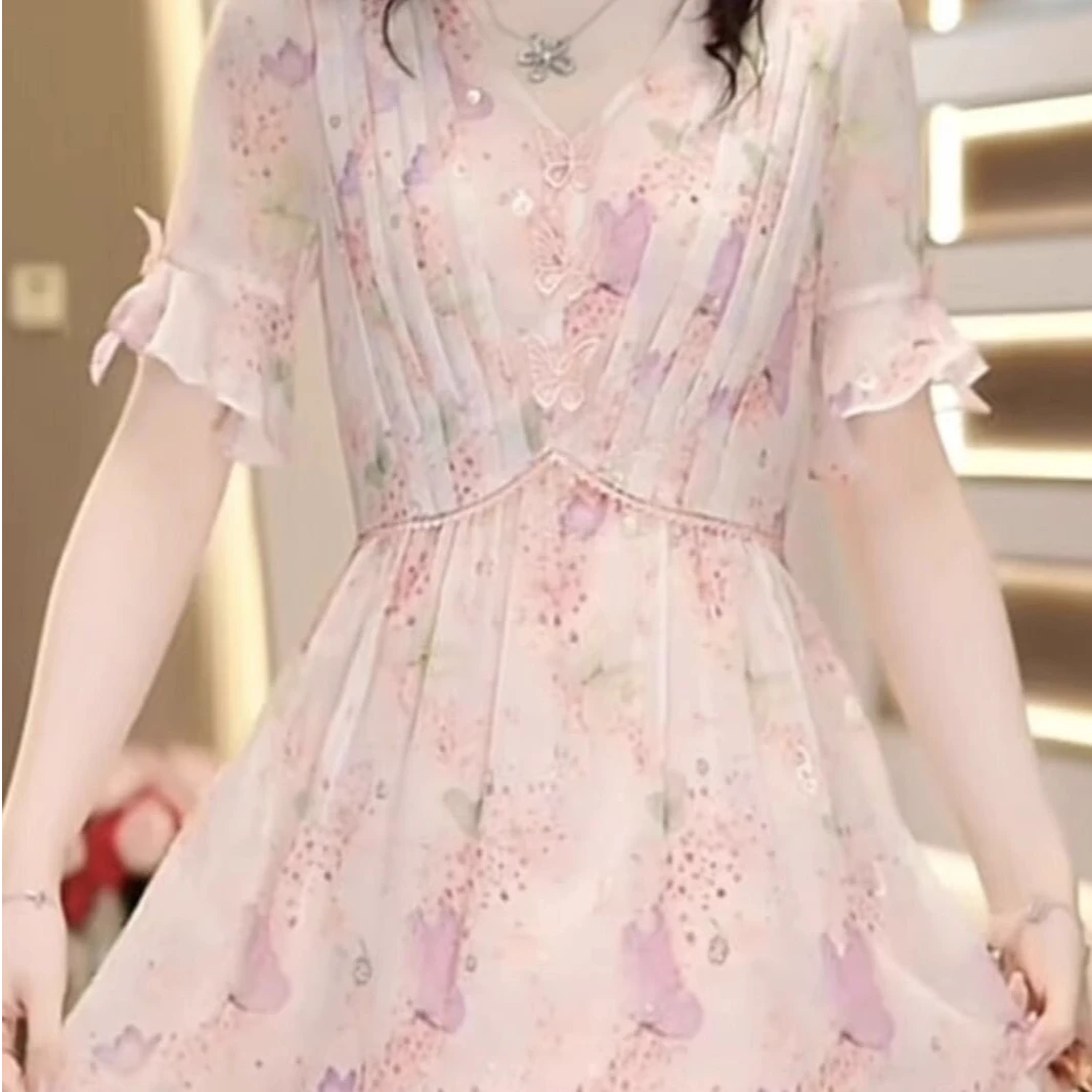 高级轻羽丝气质洋气端庄优雅女神礼服裙2025夏季新款短袖高雅裙子