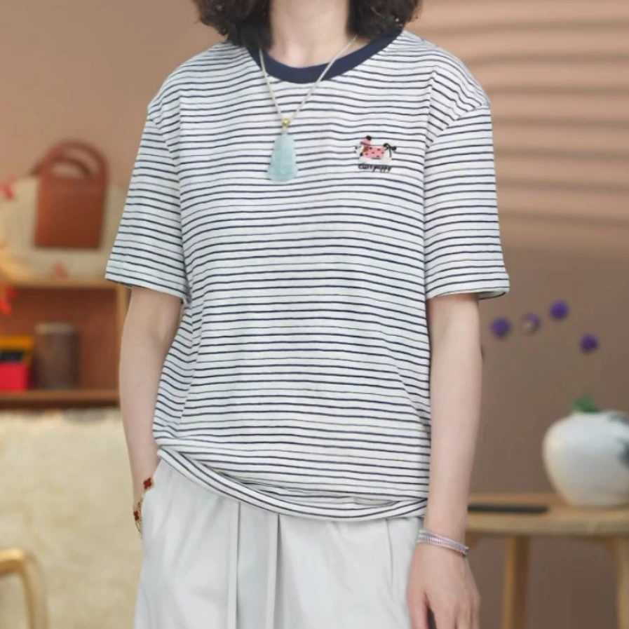 9817夏季新款可爱休闲活泼俏皮时尚宽松百搭简约条纹圆领短袖T恤