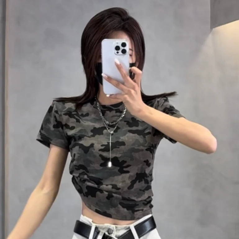 【大度严选】18332#洋气迷彩短款休闲夏季短袖上衣