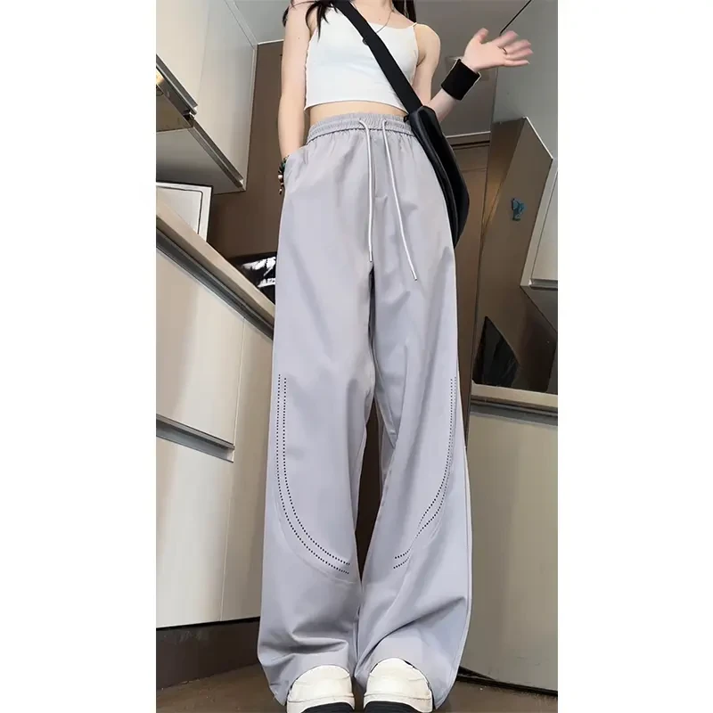 冲孔透气冰丝休闲裤男夏季薄款美式潮牌速干宽松直筒运动阔腿裤子