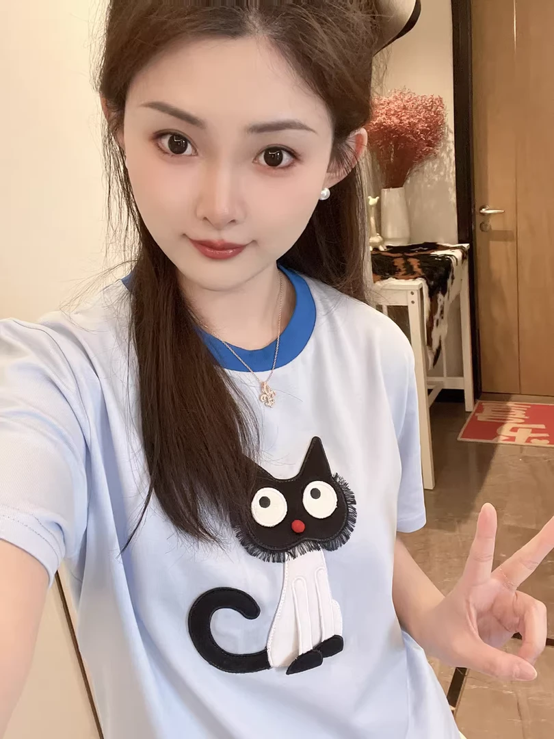 【炸毛猫咪】 夏季新款卡通猫咪流苏绣花图案T恤短袖Y9722
