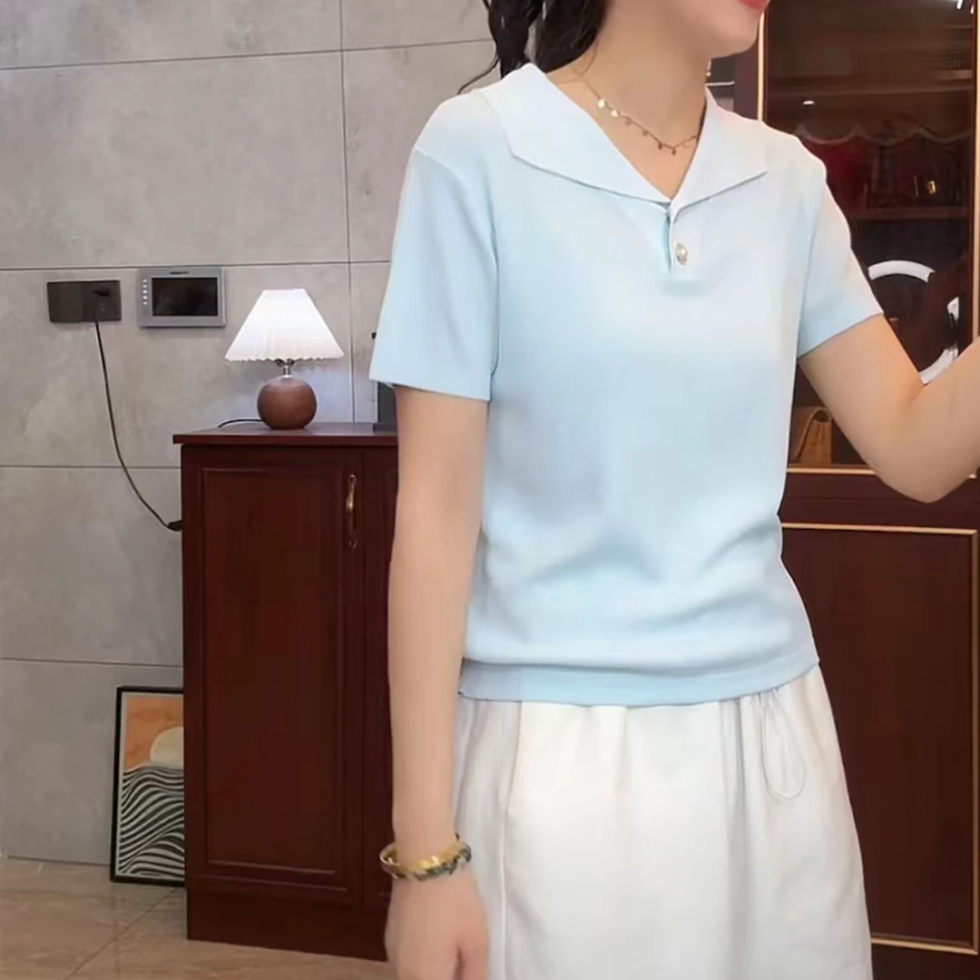 1】夏季针织衫女百搭翻领短袖简约休闲设计感上衣
