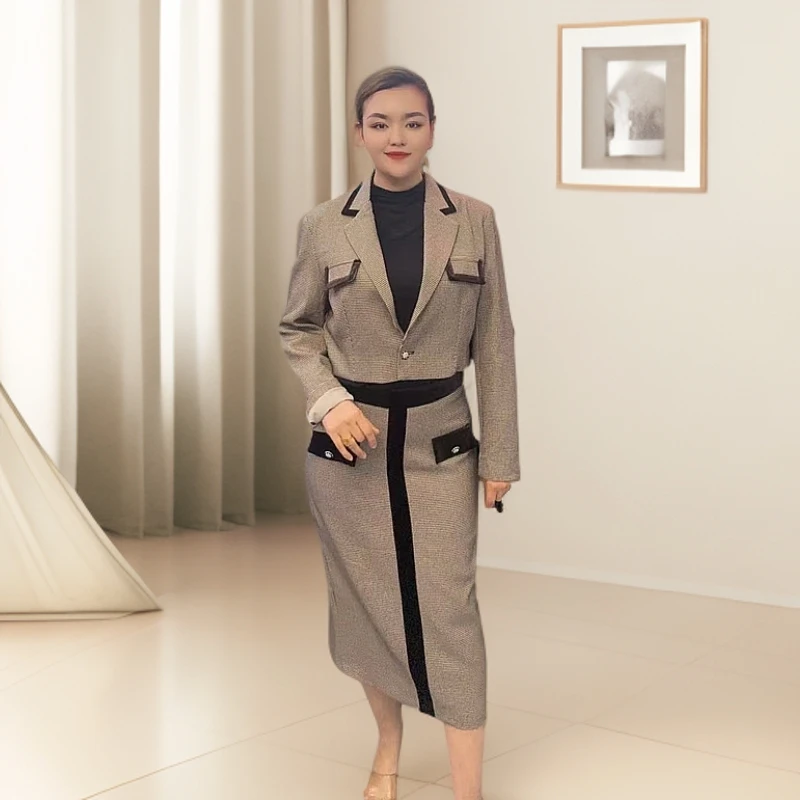 休闲风通勤风法式时尚套装时尚女士格纹休闲轻奢秋冬中长款