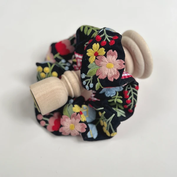 食梦造物[花花也黑化了]原创设计·拼接格子森系棉麻气质绣花发圈