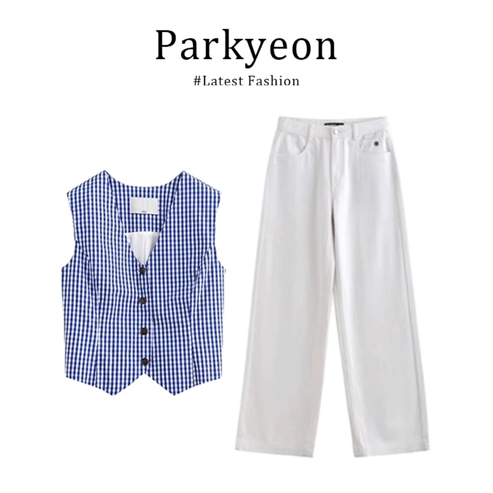 夏日气质复古格子短款无袖上衣搭配直筒牛仔裤长裤两件套