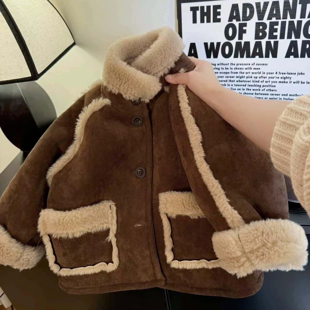 【复古风】皮毛一体儿童加厚韩版秋冬翻领拉链男童女童保暖棉衣外套