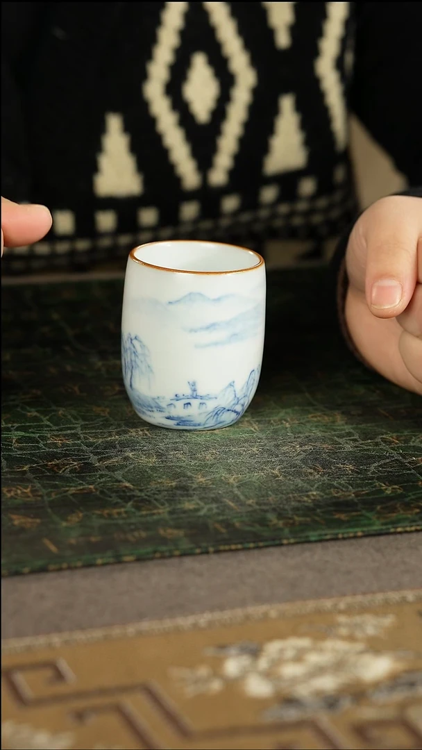 善窑厂汝窑手绘青花山水闻香杯