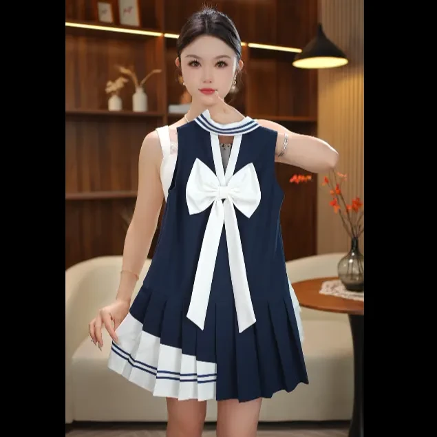 女童夏季学院风卡通动漫少女风纯色连衣裙女童学生童装套装