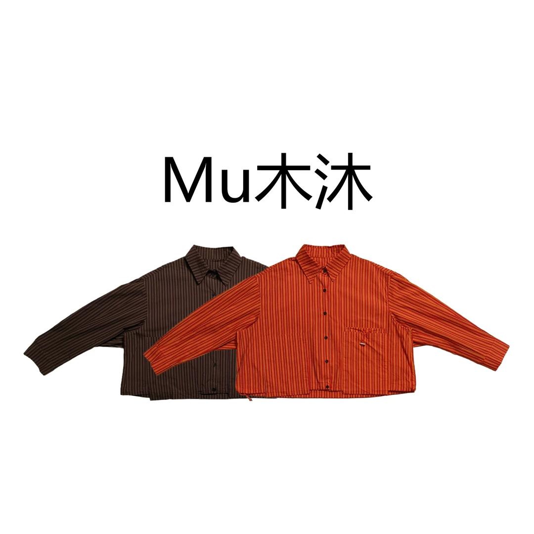 Mu木沐♠新品抽绳下摆撞色条纹短款衬衫