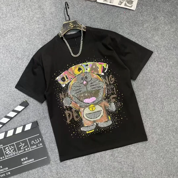 上衣时尚百搭春季黑色潮流印花设计师镶钻轻奢休闲半袖春夏个性