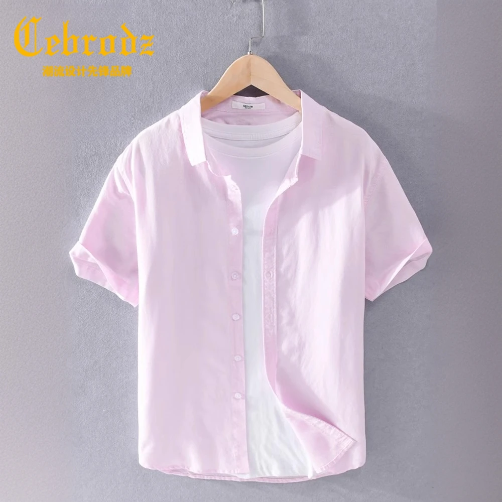 Cebrodz短袖夏季冰丝凉感棉麻衬衫潮男宽松休闲文艺简约风衬衣
