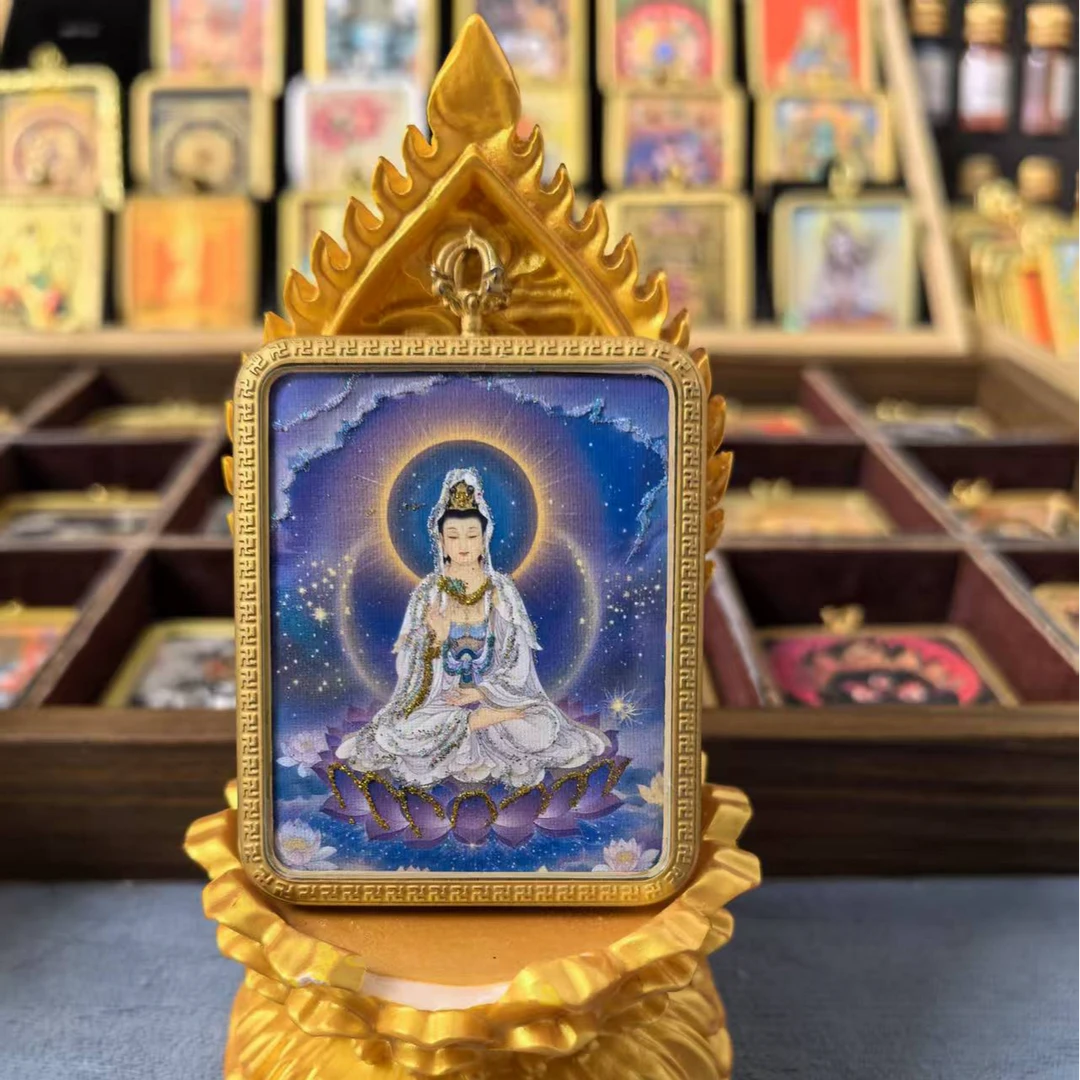 唐卡观音吊坠矿物颜料手绘描金款纯铜壳子【送绳子】