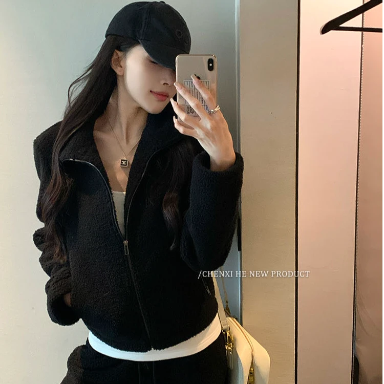 设计感休闲气质女2025秋冬新款拉链外套女高腰阔腿休闲裤两件套