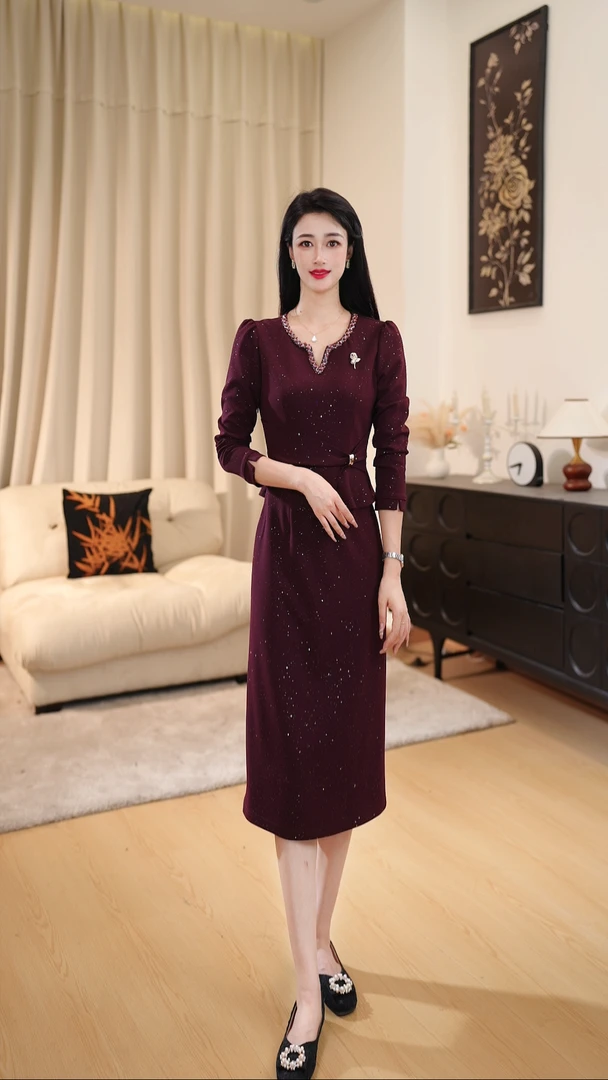 【璀璨繁花】v领贵妇夫人连衣裙大码秋季长袖显瘦时尚气质