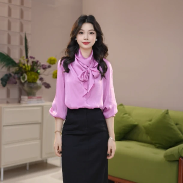 GIRDEAR/哥弟新款试试质感百搭纯色气质缎面长袖系带衬衫1300872