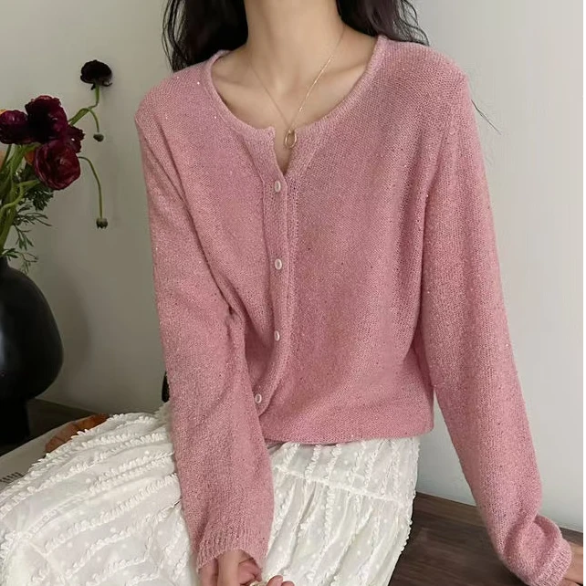 韩系温柔风闪闪亮片纱V领针织开衫宽松慵懒风薄款显瘦长袖上衣新