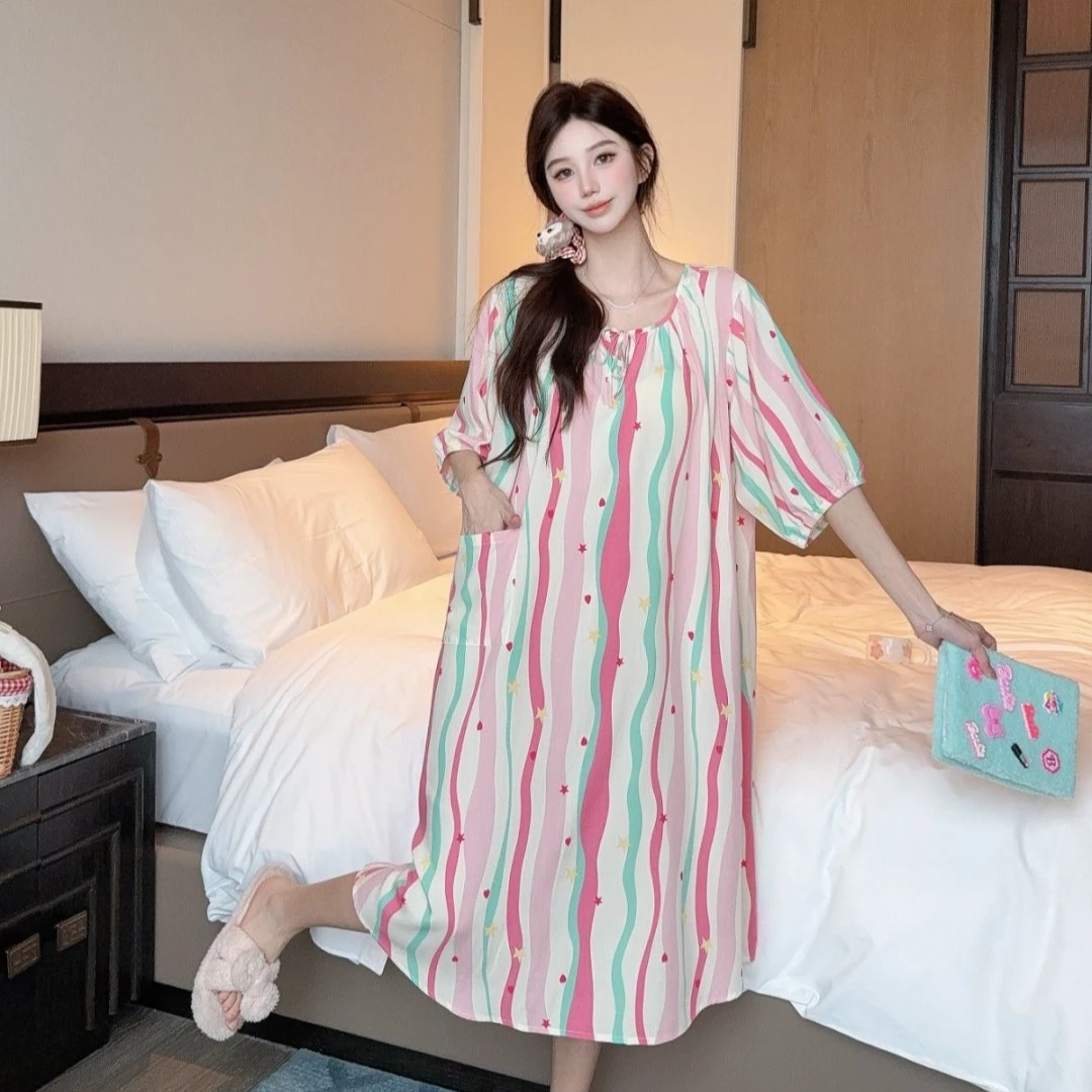 【圆领长睡裙】2025棉绸可爱甜美宽松韩版夏季排汗印花长睡裙-G