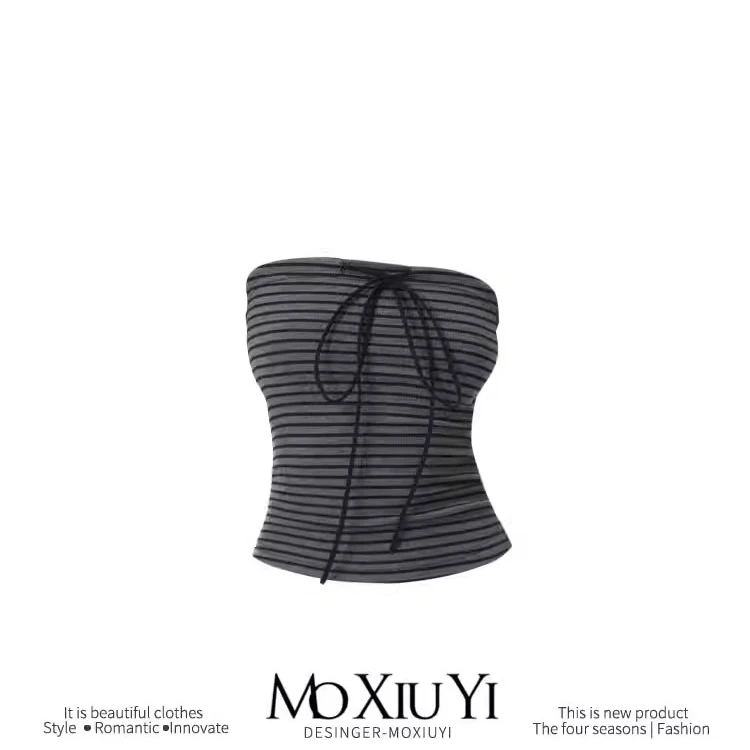 拼色蝴蝶结绑带弹力抹胸美式辣妹复古显瘦无袖条纹上衣吊带背心